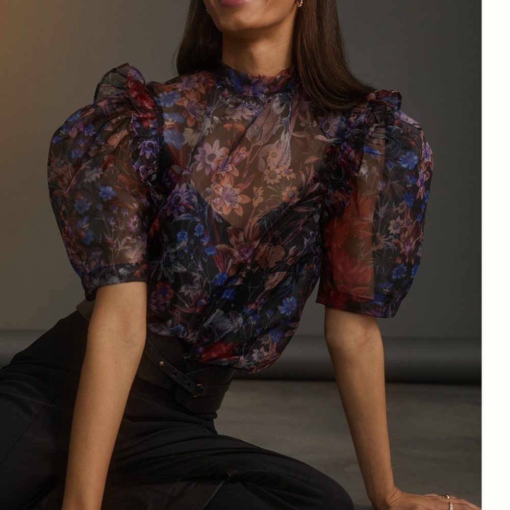 Anthropologie Puff Sleeve Organza Blouse Maeve Tie Back New Small Black